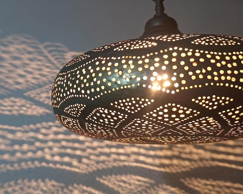 Moroccan Brass Hanging Lantern: Boho Pendant Light Fixture Moroccan Brass Hanging Lantern: Boho Pendant Light Fixture
