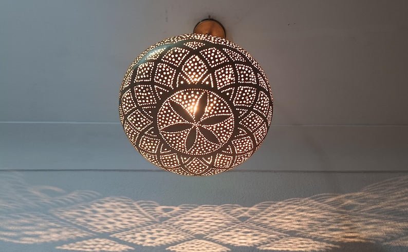 Moroccan Brass Hanging Lantern: Boho Pendant Light Fixture Moroccan Brass Hanging Lantern: Boho Pendant Light Fixture