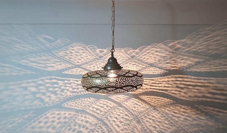 Moroccan Brass Hanging Lantern: Boho Pendant Light Fixture Moroccan Brass Hanging Lantern: Boho Pendant Light Fixture