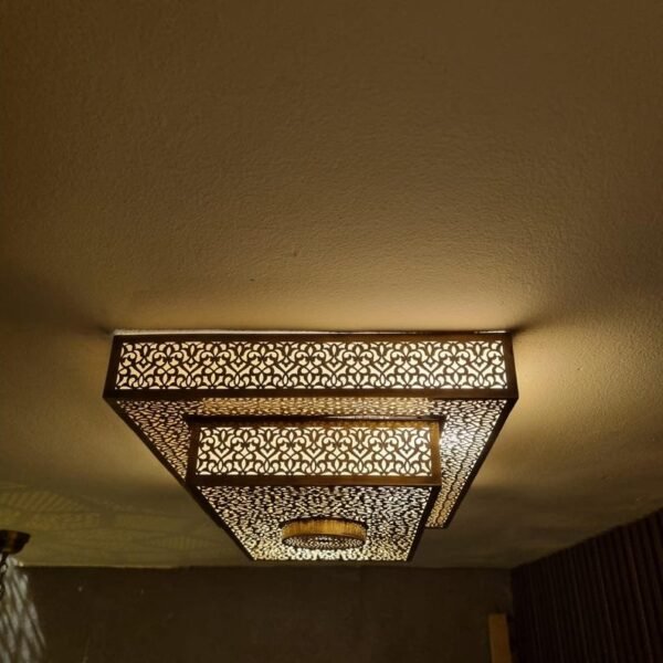 products-Lightin6 Large Rectangular Moroccan Brass Flush Mount Ceiling Light