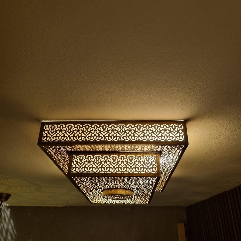Large Rectangular Moroccan Brass Flush Mount Ceiling Light