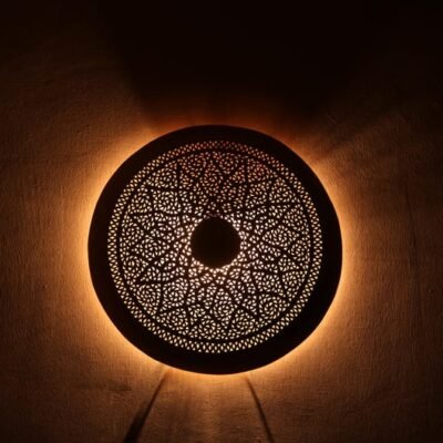 Moroccan Brass Wall Light – Handmade Round Wall Lamp – Pierced Geometric Sconce – Boho Home Lighting – Marrakesh Art Decor
