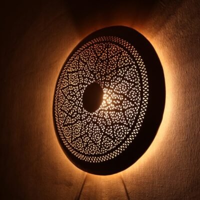 Moroccan Brass Wall Light – Handmade Round Wall Lamp – Pierced Geometric Sconce – Boho Home Lighting – Marrakesh Art Decor