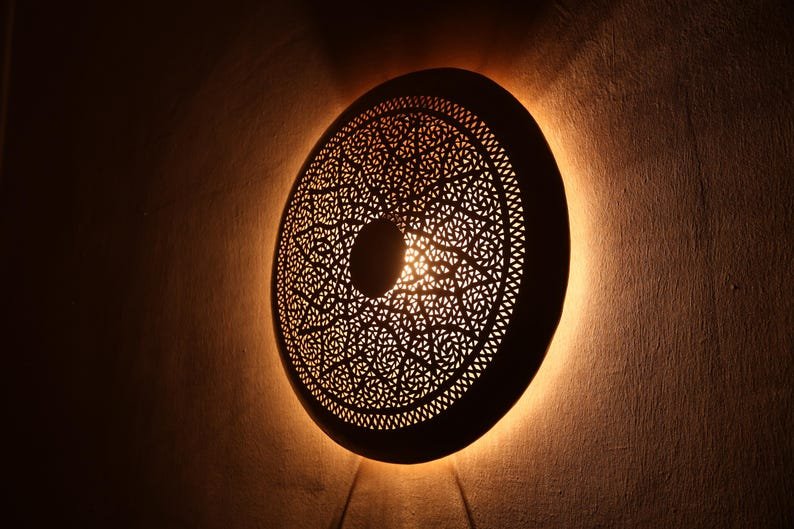 Moroccan Brass Wall Light – Handmade Round Wall Lamp – Pierced Geometric Sconce – Boho Home Lighting – Marrakesh Art Decor