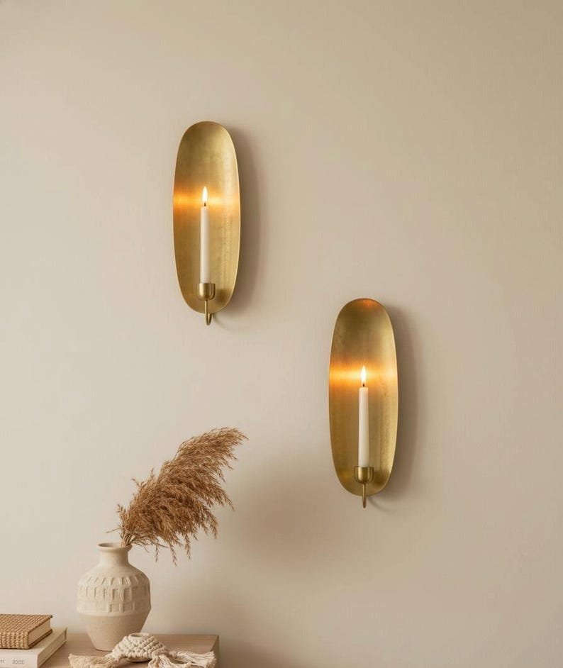 Set of 2 Brass Candle Wall Sconce | Handmade Oval Candle Holder | Moroccan Wall Decor | Modern Rustic Candlelight | Multiple Sizes Set of 2 Brass Candle Wall Sconce | Handmade Oval Candle Holder | Moroccan Wall Decor | Modern Rustic Candlelight | Multiple Sizes