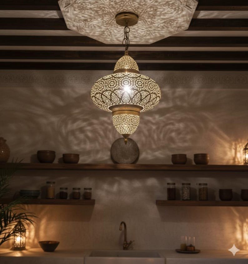 products-Moroccanhandmadedesign6 Handmade Moroccan Brass Chandelier Tiered Kitchen Pendant Ceiling Light