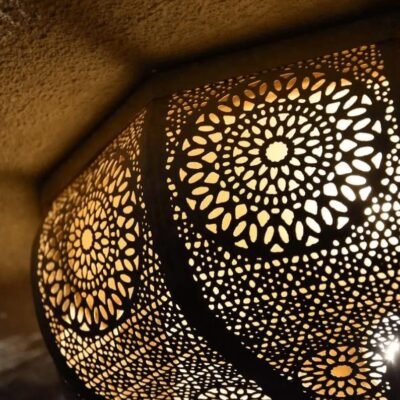 Moroccan Flush Mount Ceiling Light – Handmade Brass Fixture for Night Ambient Lighting
