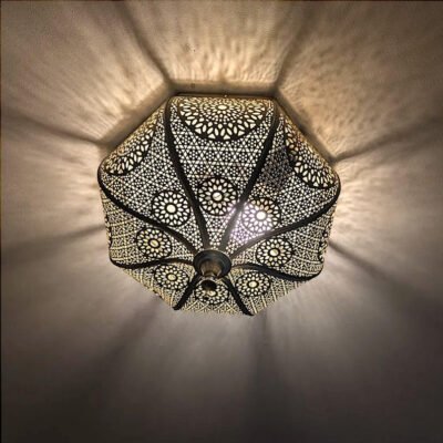 Moroccan Flush Mount Ceiling Light – Handmade Brass Fixture for Night Ambient Lighting