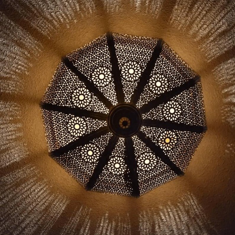 Moroccan Flush Mount Ceiling Light – Handmade Brass Fixture for Night Ambient Lighting