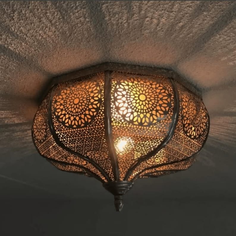 Moroccan Flush Mount Ceiling Light – Handmade Brass Fixture for Night Ambient Lighting