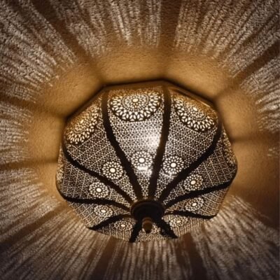 Moroccan Flush Mount Ceiling Light – Handmade Brass Fixture for Night Ambient Lighting