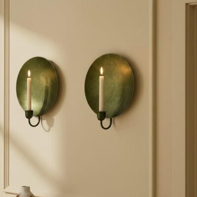 Oxidized Brass Moroccan Candle Sconce: Rustic Green Patina Wall Decor Oxidized Brass Moroccan Candle Sconce: Rustic Green Patina Wall Decor