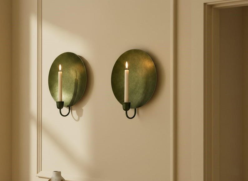 Oxidized Brass Moroccan Candle Sconce: Rustic Green Patina Wall Decor Oxidized Brass Moroccan Candle Sconce: Rustic Green Patina Wall Decor