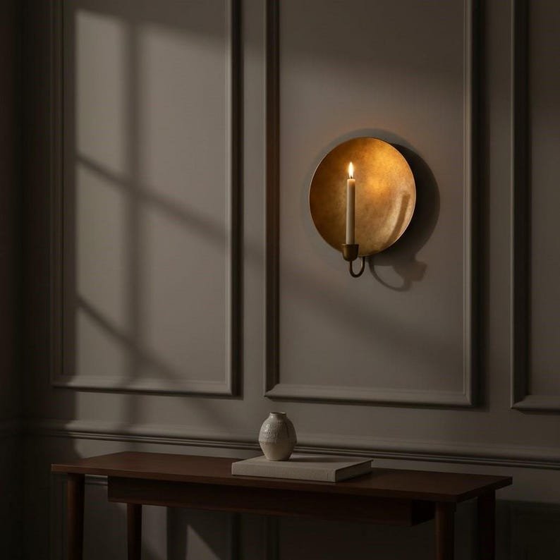 Oxidized Brass Moroccan Candle Sconce: Rustic Green Patina Wall Decor Oxidized Brass Moroccan Candle Sconce: Rustic Green Patina Wall Decor