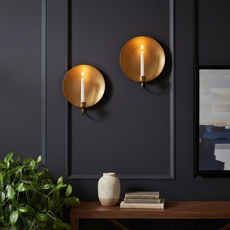 Oxidized Brass Moroccan Candle Sconce: Rustic Green Patina Wall Decor Oxidized Brass Moroccan Candle Sconce: Rustic Green Patina Wall Decor