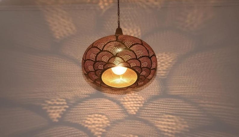 Handcrafted Moroccan Brass Pendant Light: Pierced Teardrop Boho Lamp