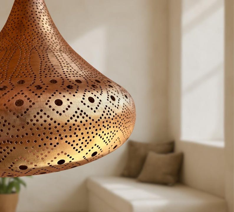 Handmade Moroccan Brass Pendant Light: Pierced Teardrop Boho Lamp