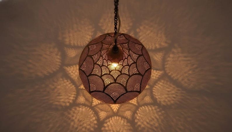 Handcrafted Moroccan Brass Pendant Light: Pierced Teardrop Boho Lamp