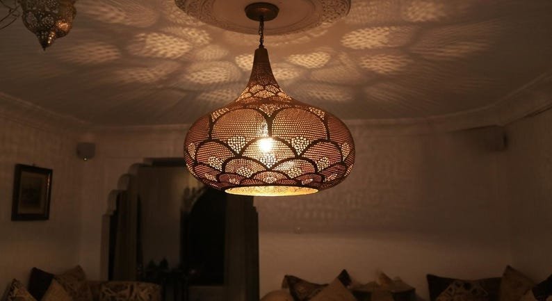 Handcrafted Moroccan Brass Pendant Light: Pierced Teardrop Boho Lamp