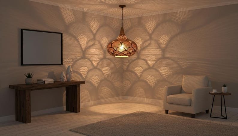 Handcrafted Moroccan Brass Pendant Light: Pierced Teardrop Boho Lamp