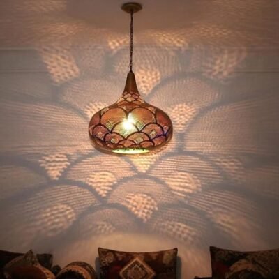 Handcrafted Moroccan Brass Pendant Light: Pierced Teardrop Boho Lamp