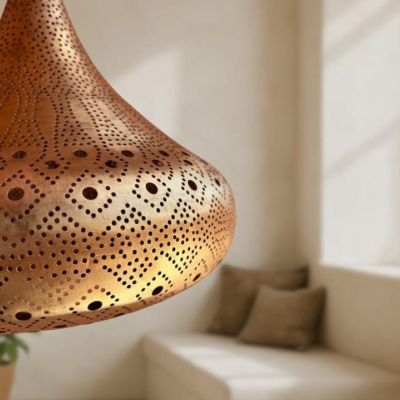 Handmade Moroccan Brass Pendant Light: Pierced Teardrop Boho Lamp