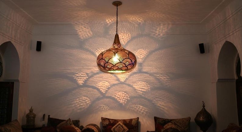 Handcrafted Moroccan Brass Pendant Light: Pierced Teardrop Boho Lamp