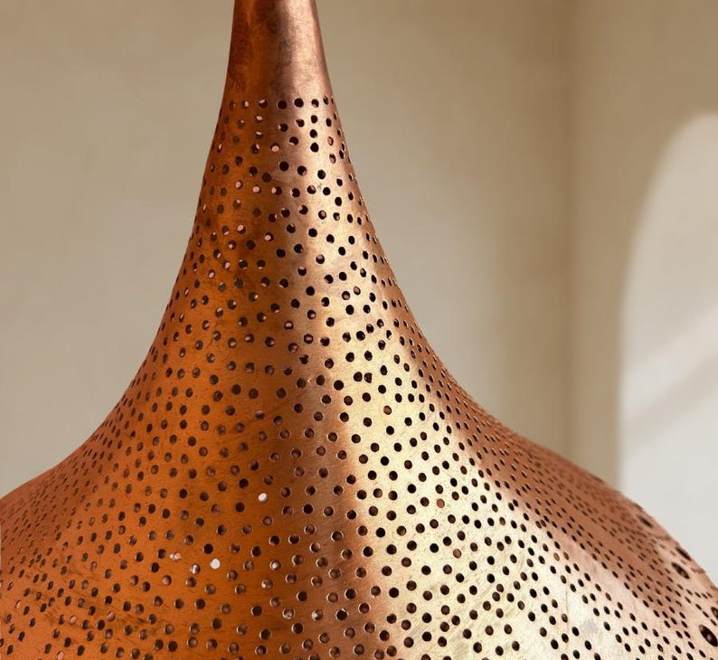 Handmade Moroccan Brass Pendant Light: Pierced Teardrop Boho Lamp