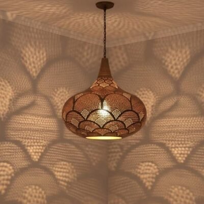 Handcrafted Moroccan Brass Pendant Light: Pierced Teardrop Boho Lamp