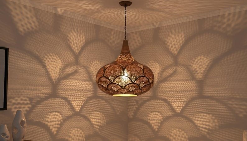 Handcrafted Moroccan Brass Pendant Light: Pierced Teardrop Boho Lamp