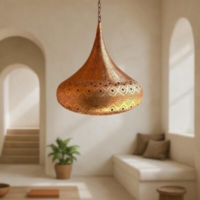 Handmade Moroccan Brass Pendant Light: Pierced Teardrop Boho Lamp