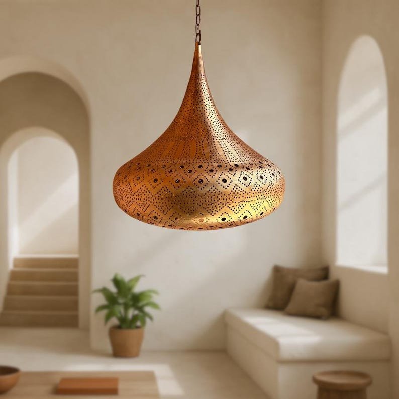 Handmade Moroccan Brass Pendant Light: Pierced Teardrop Boho Lamp