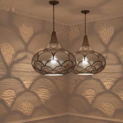 Handcrafted Moroccan Brass Pendant Light: Pierced Teardrop Boho Lamp