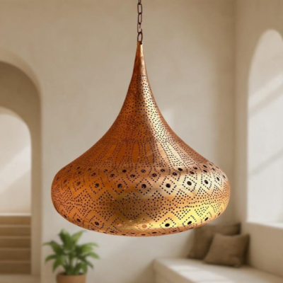 Handmade Moroccan Brass Pendant Light: Pierced Teardrop Boho Lamp