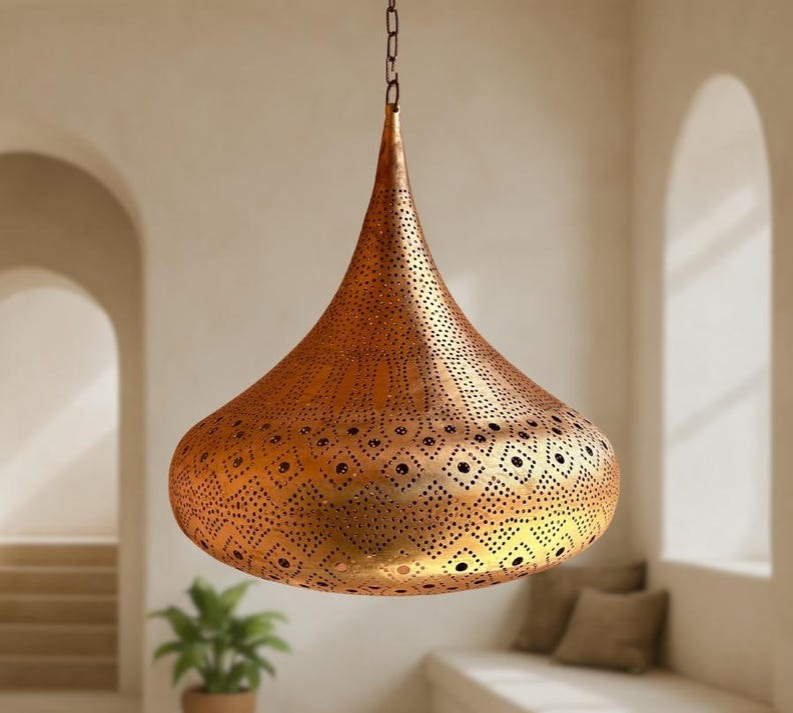 Handmade Moroccan Brass Pendant Light: Pierced Teardrop Boho Lamp