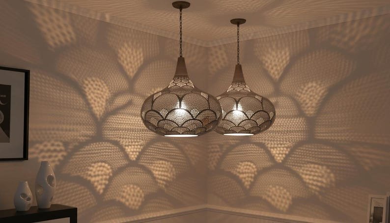 Handcrafted Moroccan Brass Pendant Light: Pierced Teardrop Boho Lamp