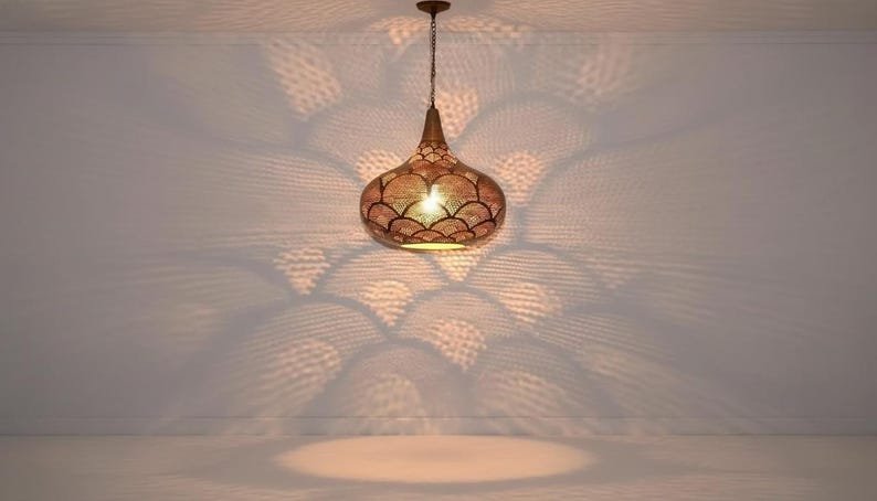 Handcrafted Moroccan Brass Pendant Light: Pierced Teardrop Boho Lamp