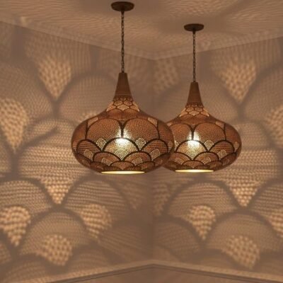Handcrafted Moroccan Brass Pendant Light: Pierced Teardrop Boho Lamp