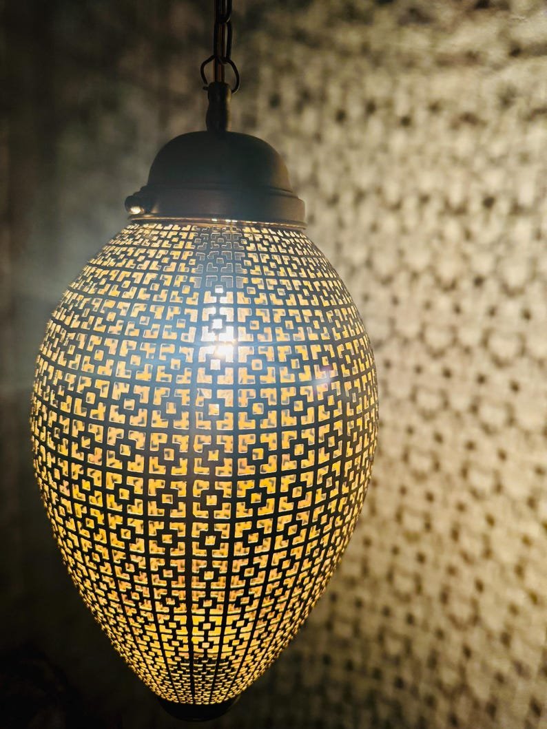 Contemporary Moroccan Sphere Light – Laser-Cut Brass Pendant with Lattice Shadow Patterns