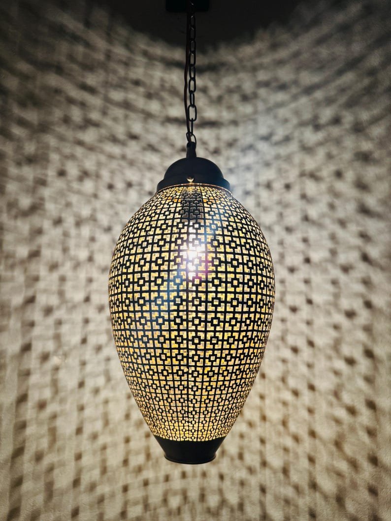 Contemporary Moroccan Sphere Light – Laser-Cut Brass Pendant with Lattice Shadow Patterns