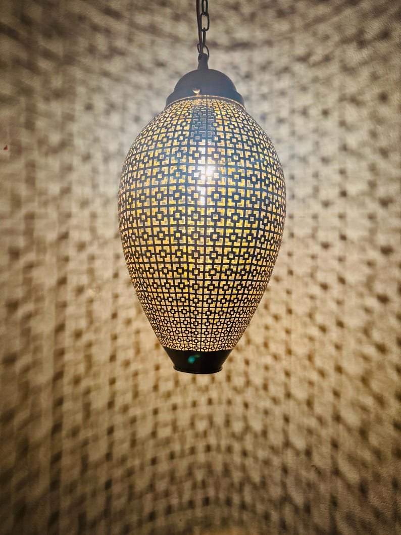 Contemporary Moroccan Sphere Light – Laser-Cut Brass Pendant with Lattice Shadow Patterns