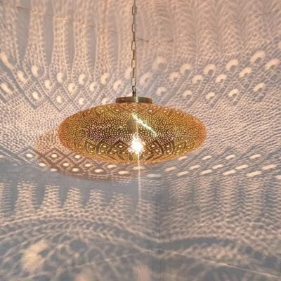 Moroccan Brass Pendant Light: Hammered Lantern with Intricate Shadow Pattern Moroccan Brass Pendant Light: Hammered Lantern with Intricate Shadow Pattern