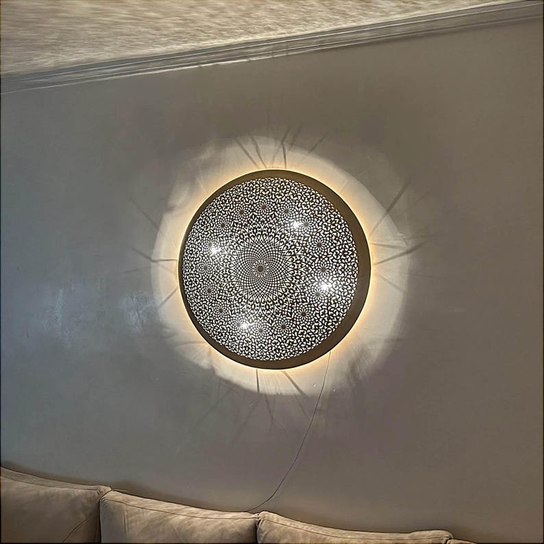 Moroccan Round Brass Wall Sconce – Shadow Pattern Flush Mount Light Fixture