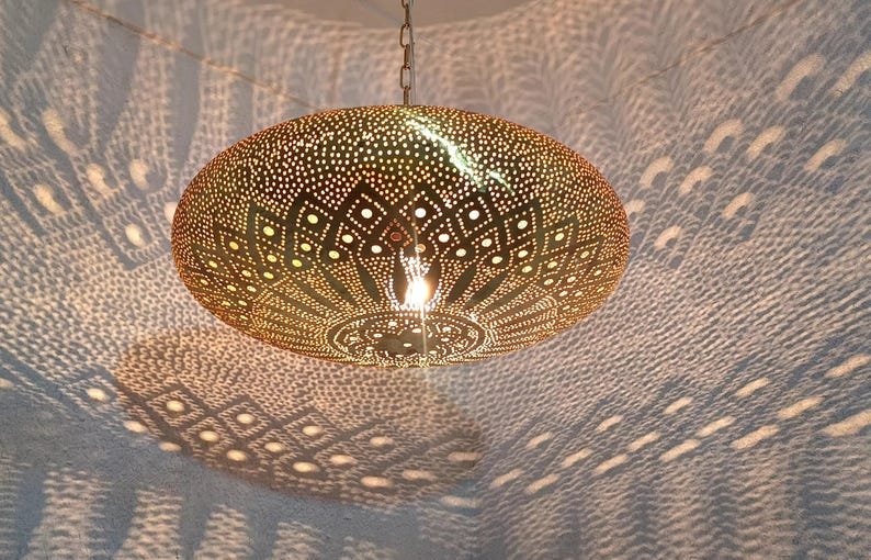 Moroccan Brass Pendant Light: Hammered Lantern with Intricate Shadow Pattern Moroccan Brass Pendant Light: Hammered Lantern with Intricate Shadow Pattern
