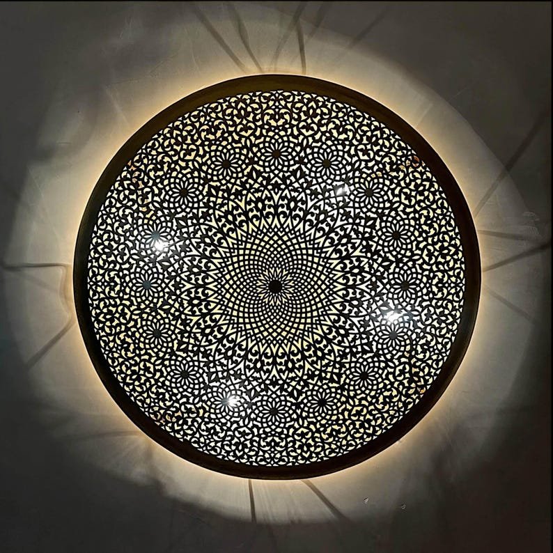 Moroccan Round Brass Wall Sconce – Shadow Pattern Flush Mount Light Fixture