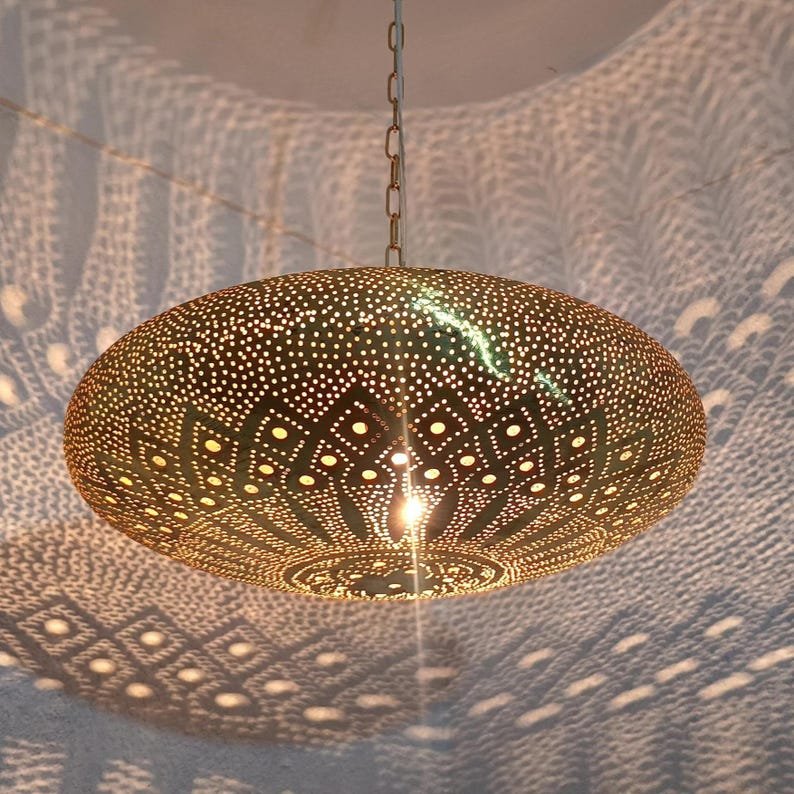 Moroccan Brass Pendant Light: Hammered Lantern with Intricate Shadow Pattern Moroccan Brass Pendant Light: Hammered Lantern with Intricate Shadow Pattern