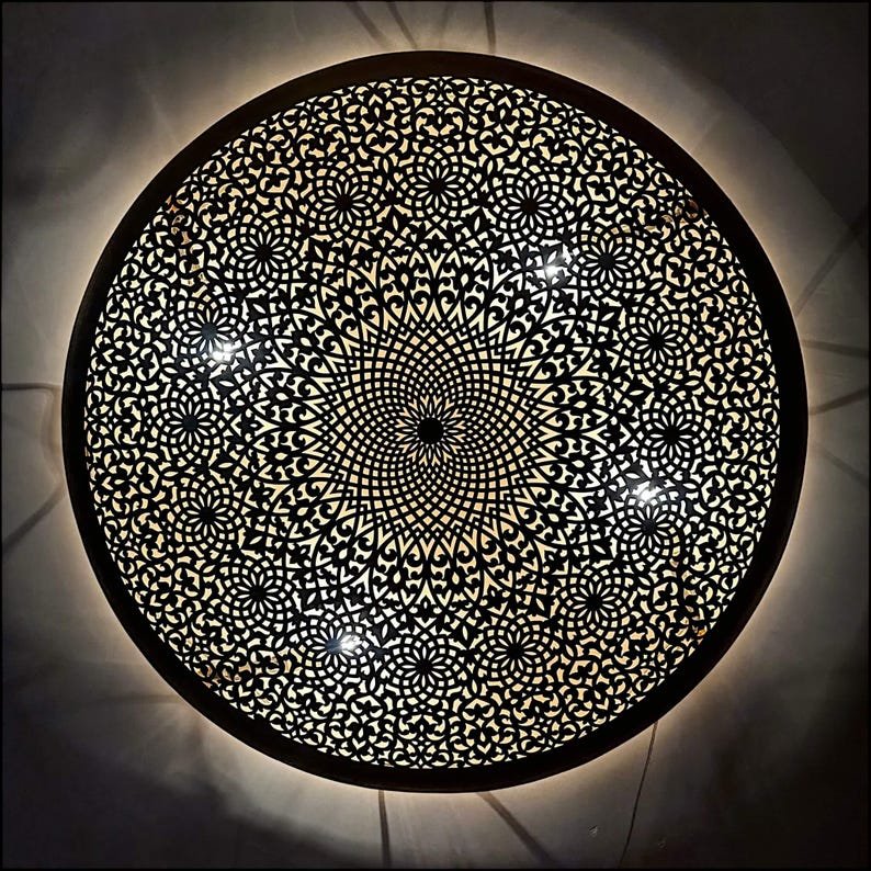Moroccan Round Brass Wall Sconce – Shadow Pattern Flush Mount Light Fixture