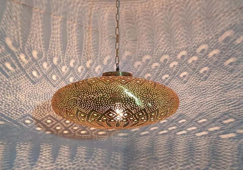 Moroccan Brass Pendant Light: Hammered Lantern with Intricate Shadow Pattern Moroccan Brass Pendant Light: Hammered Lantern with Intricate Shadow Pattern