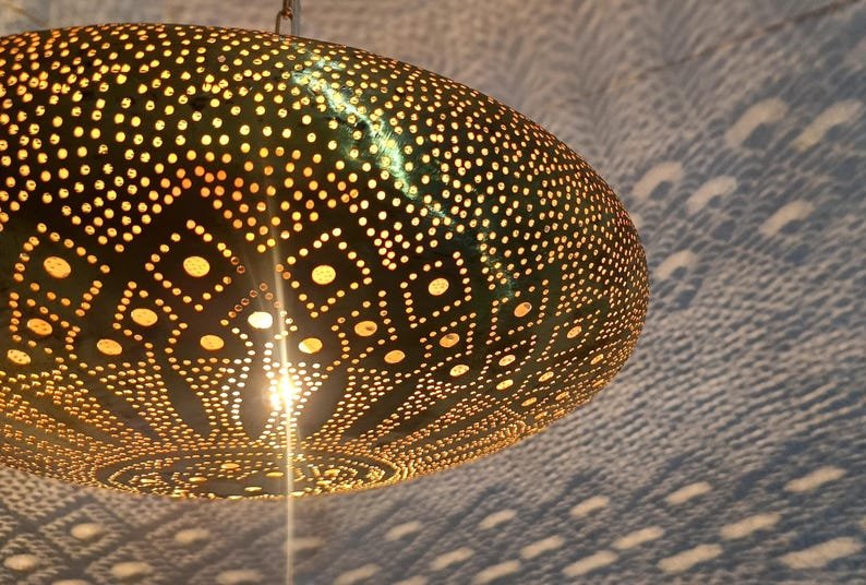 Moroccan Brass Pendant Light: Hammered Lantern with Intricate Shadow Pattern Moroccan Brass Pendant Light: Hammered Lantern with Intricate Shadow Pattern
