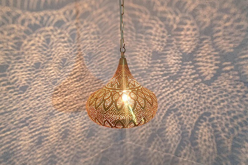 Handmade Moroccan Brass Pendant Light: Shadow Pattern Lantern